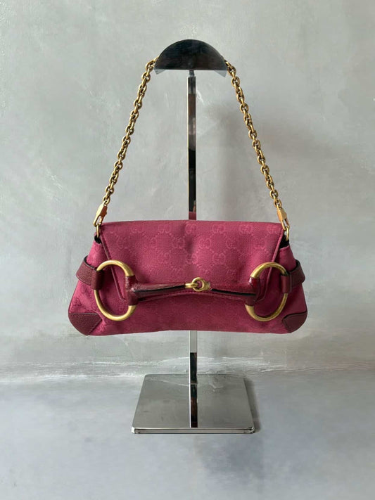 Gucci Pink Monogram Horsebit Chain Clutch/Shoulder Bag