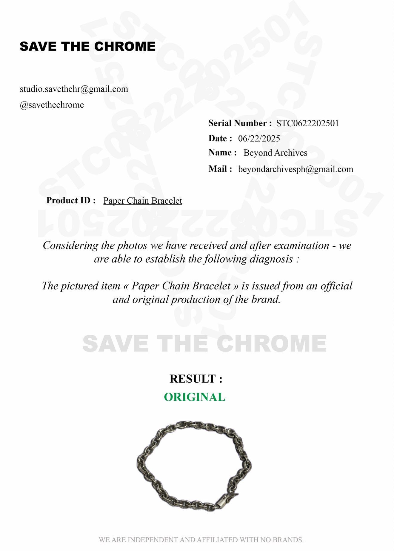 Chrome Hearts 8” Paper Chain Bracelet