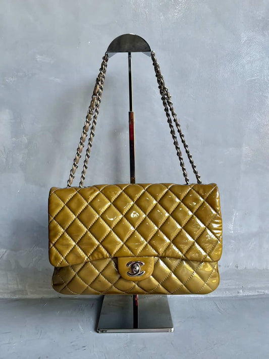 Chanel Classic Jumbo Single Flap Yellow Patent Handbag