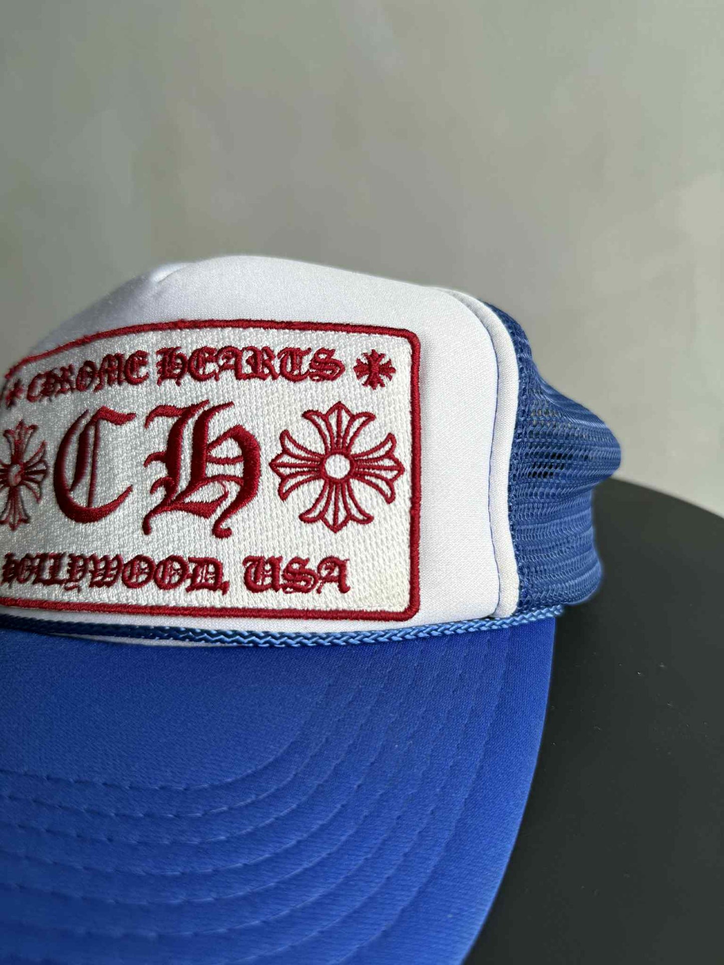 Chrome Hearts Red on Blue Trucker Hat