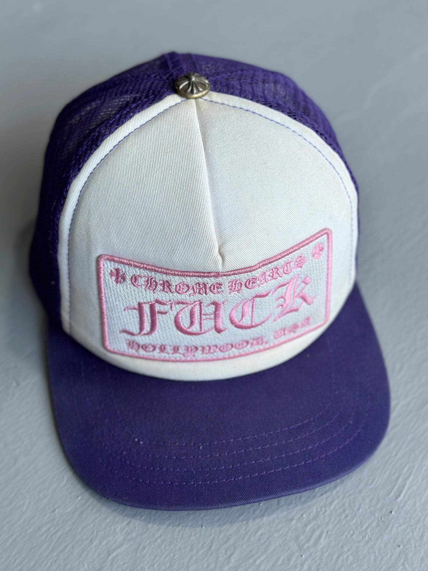 Chrome Hearts Pink on Purple 'FUCK' Trucker Hat