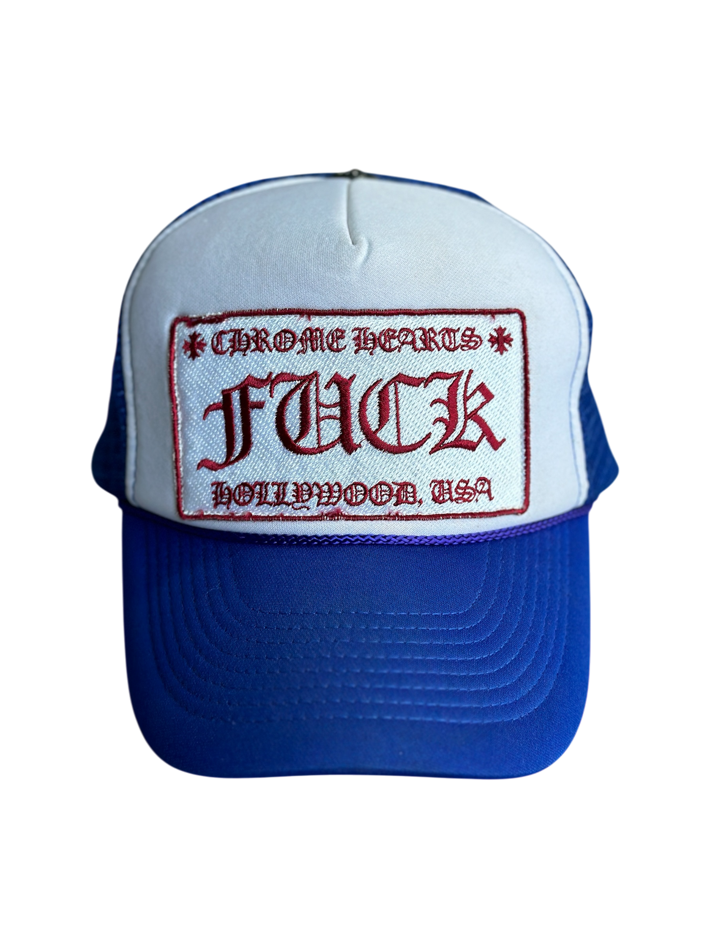 Vintage Chrome Hearts Red on Blue 'FUCK' Trucker Hat