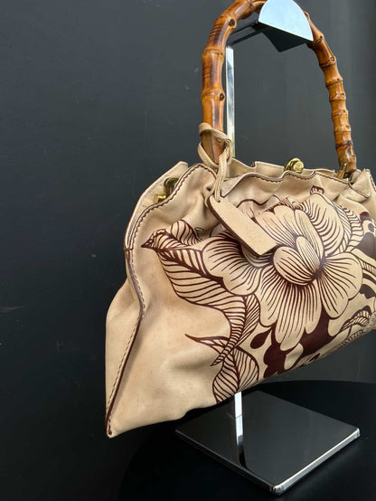 Gucci Tom Ford Era Leather Tattoo Floral Bamboo Handbag
