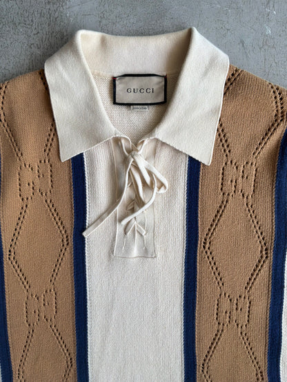 Gucci GG Lace Up Knit Polo Shirt