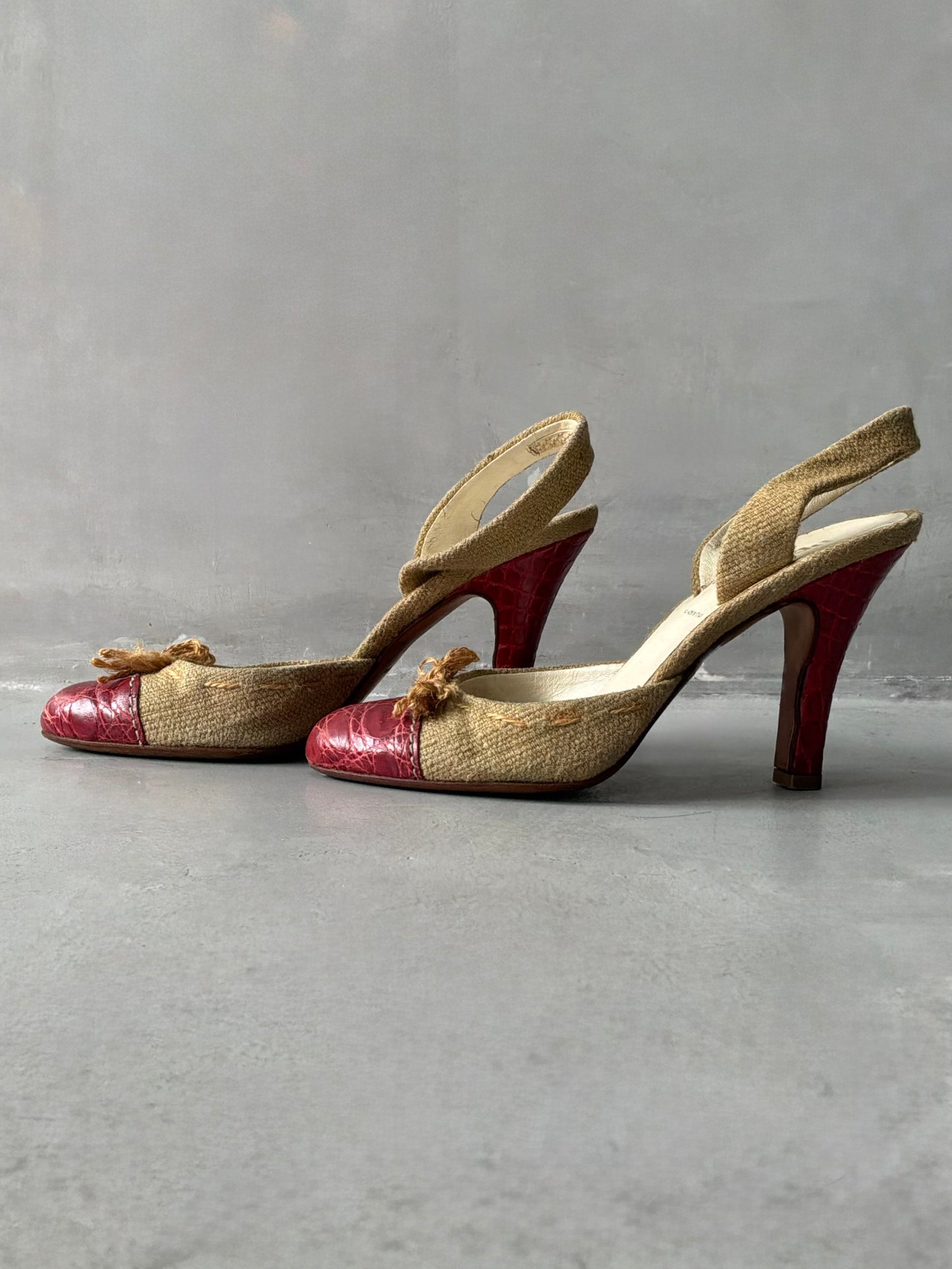 Prada Colorblock Pattern Bow Accent Slingback Pumps