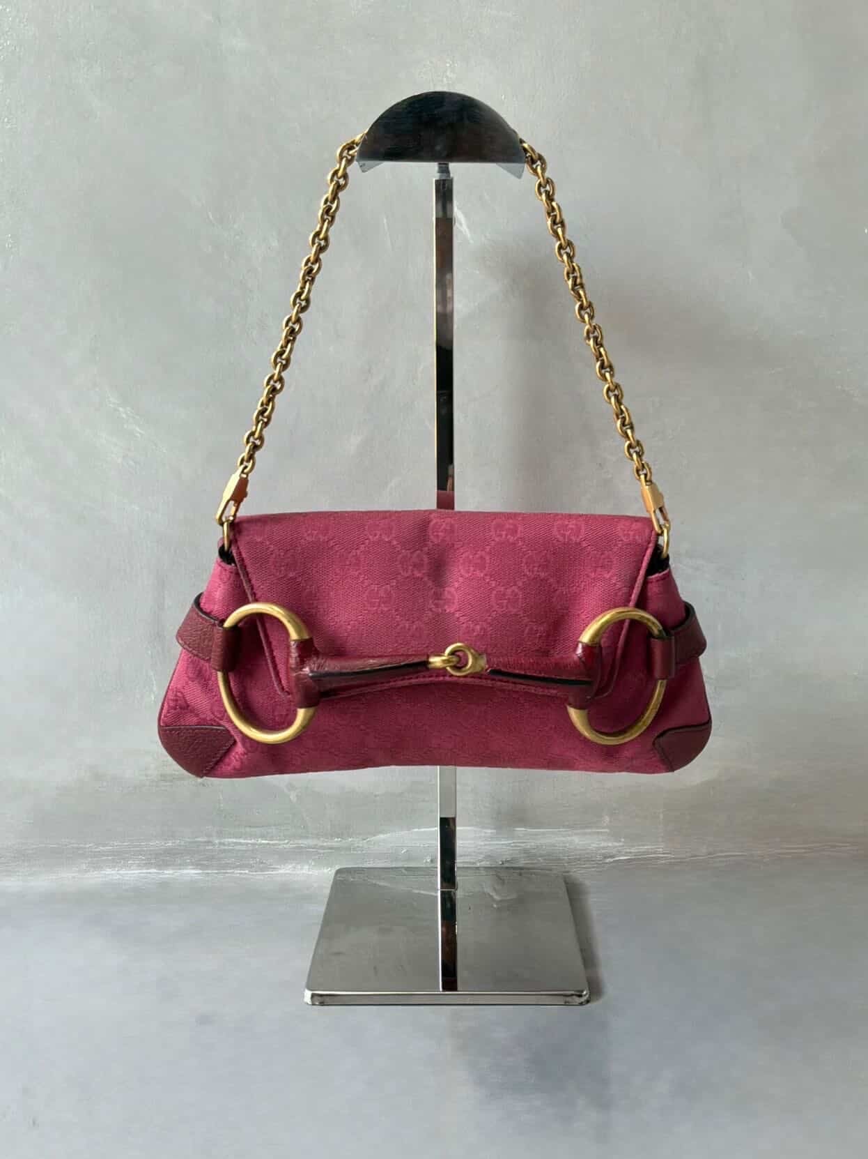 Gucci Pink Monogram Horsebit Chain Clutch/Shoulder Bag