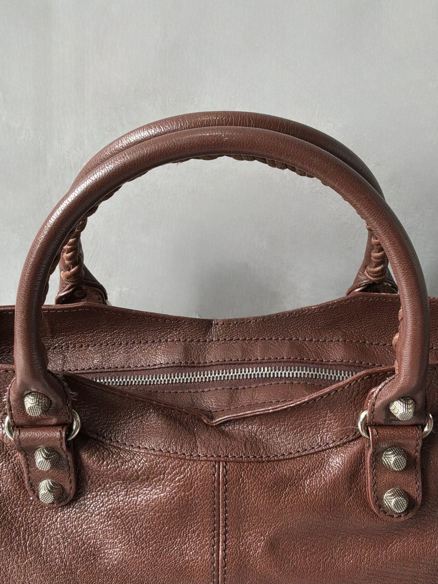 Balenciaga Part Time Chocolate Brown on Silver Lambskin Bag