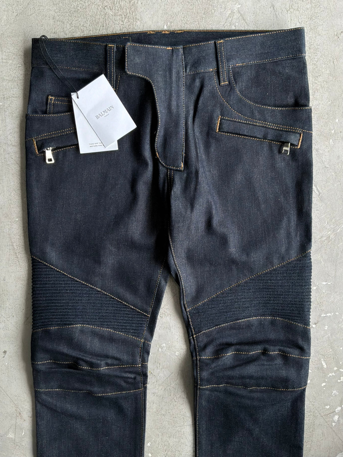 Balmain Homme Curved Cut Blue Denim Biker Jeans