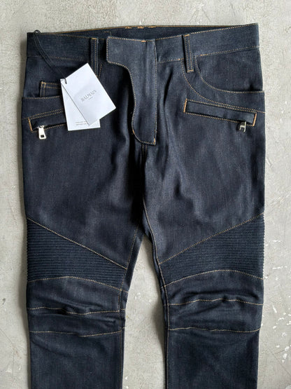 Balmain Homme Curved Cut Blue Denim Biker Jeans