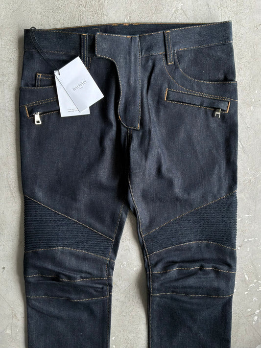 Balmain Homme Curved Cut Blue Denim Biker Jeans