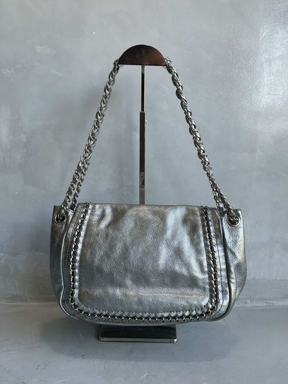 Chanel Metallic Silver Accordion Flap Shoulder Bag