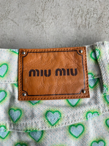 Miu Miu All Over Print Heart Denim Shorts