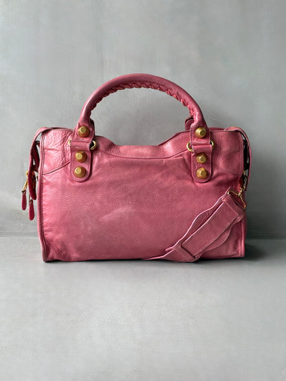 Balenciaga Classic City Pink on Gold Giant 21 Lambskin Bag