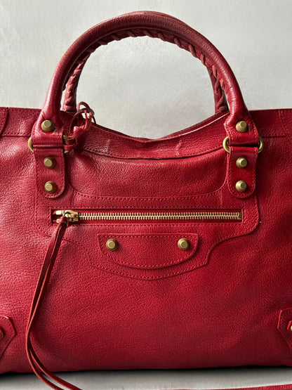 Balenciaga Classic City Red on Gold Lambskin Bag