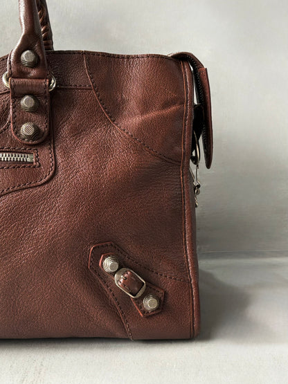 Balenciaga Part Time Chocolate Brown on Silver Lambskin Bag