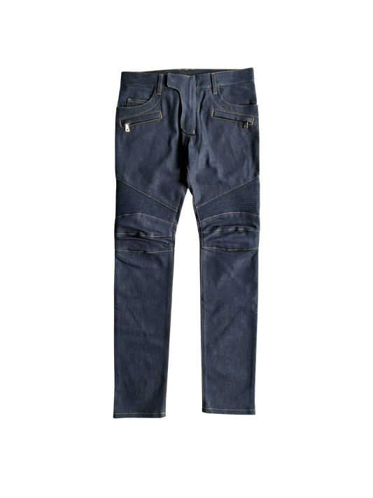 Balmain Homme Curved Cut Blue Denim Biker Jeans