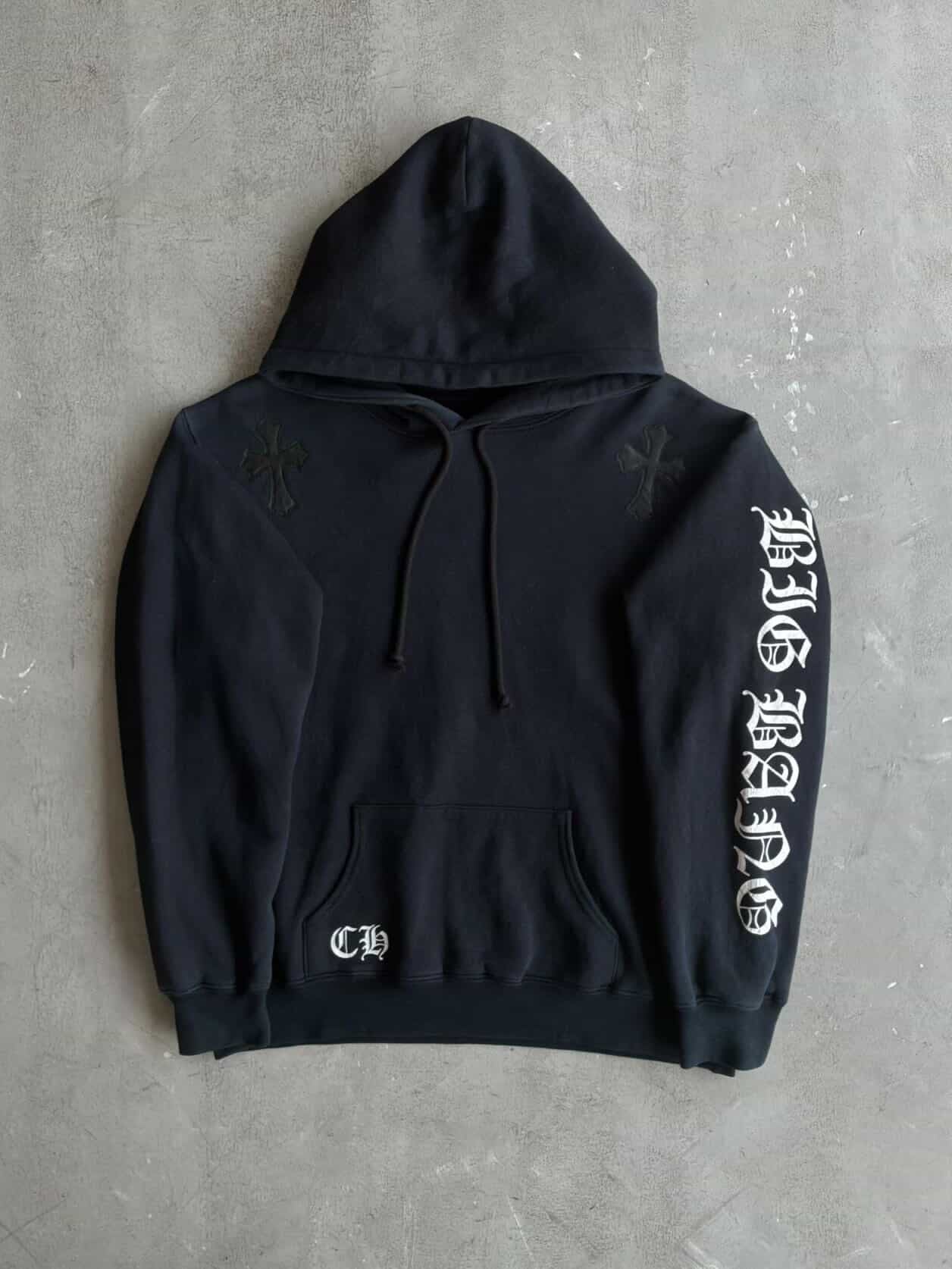 ビンテージ　CHROME HEARTS ブラックパーカー　正規品 Vintage Chrome Hearts x Big Bang Leather Cross Patch Hoodie