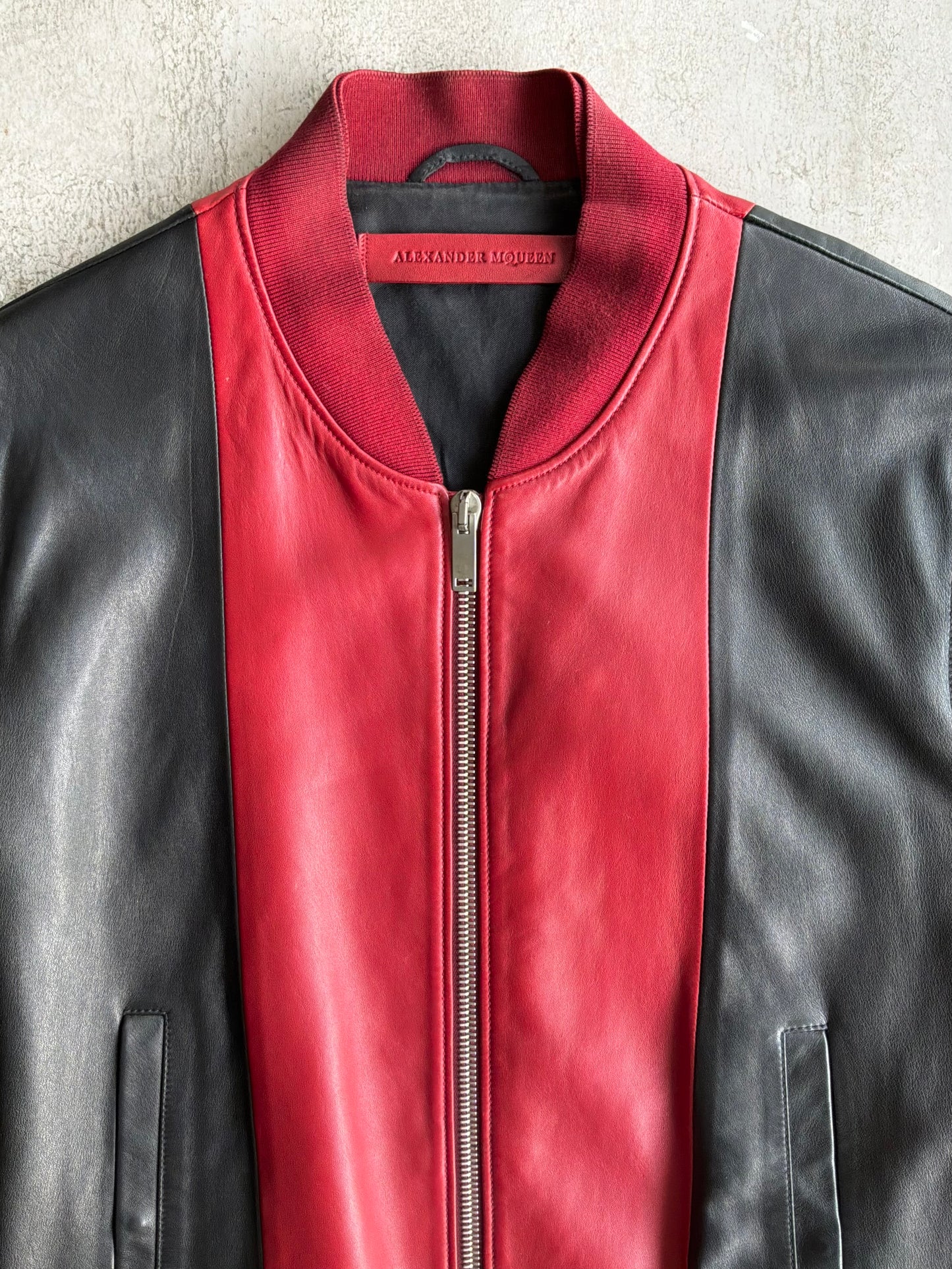 Alexander Mcqueen Black and Red Leather Bomber Jacket