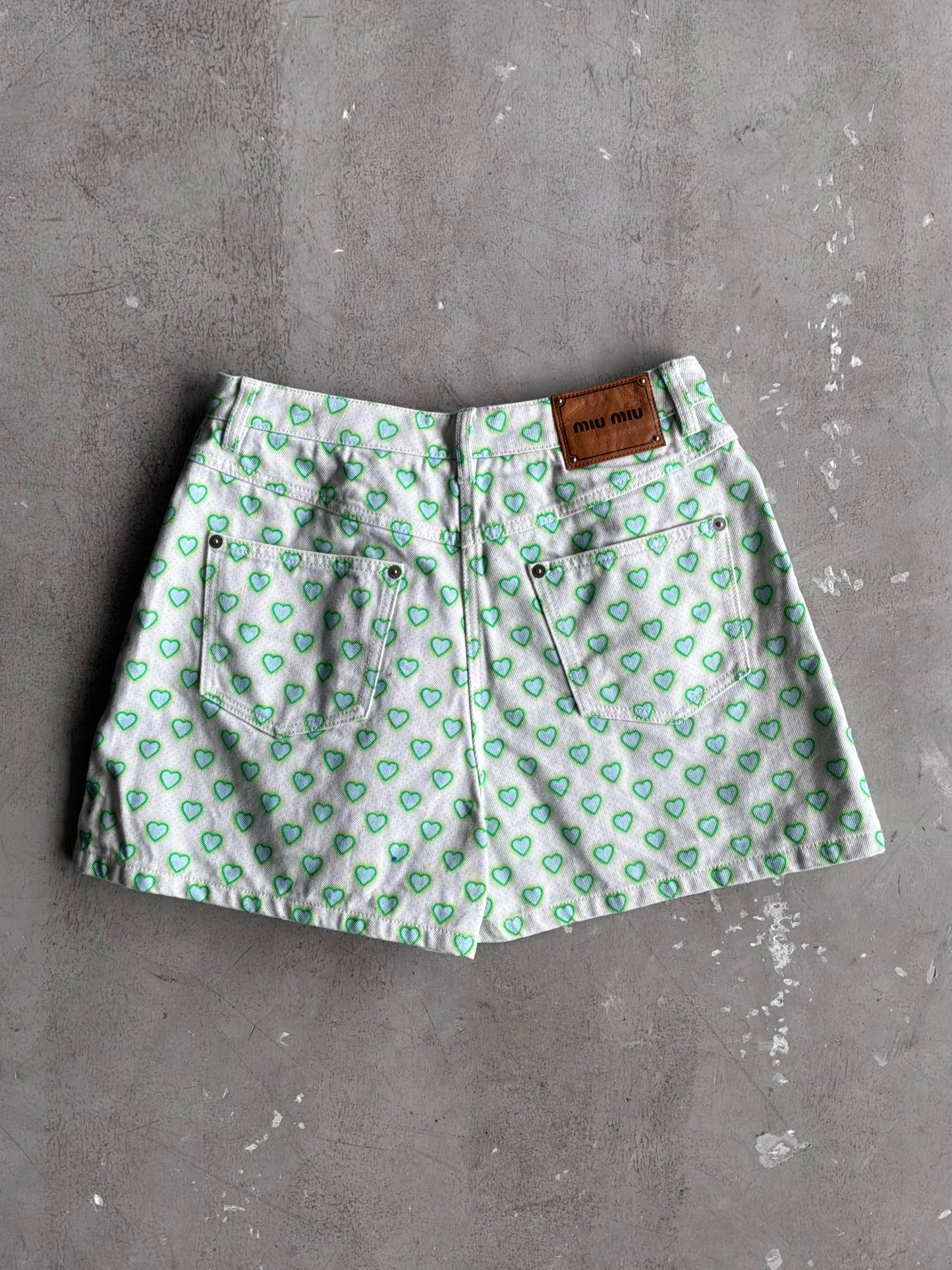 Miu Miu All Over Print Heart Denim Shorts
