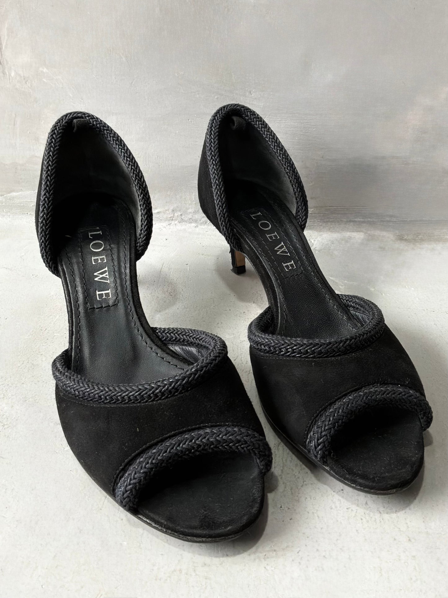 Vintage Loewe Suede Braided Peep Toe Heels