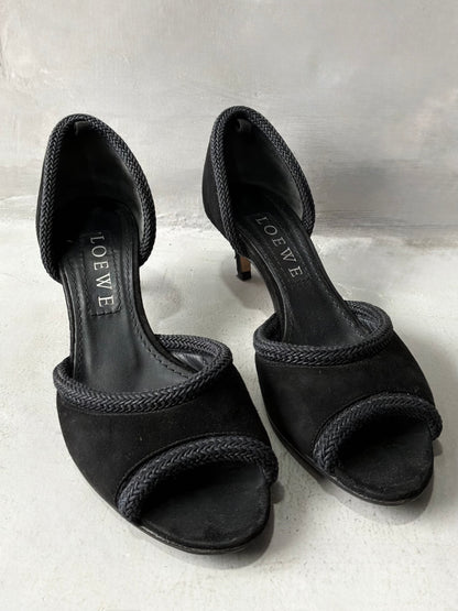 Vintage Loewe Suede Braided Peep Toe Heels