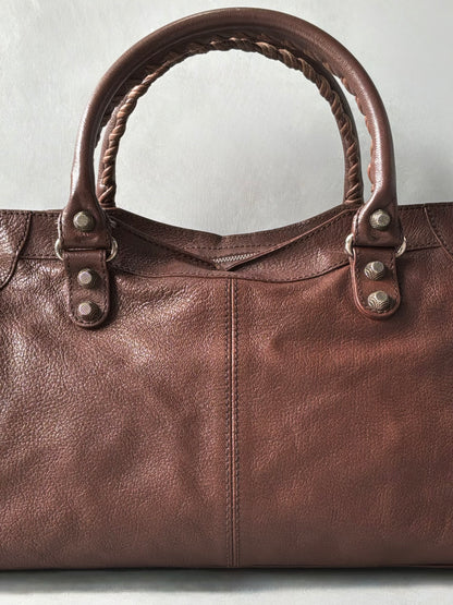 Balenciaga Part Time Chocolate Brown on Silver Lambskin Bag