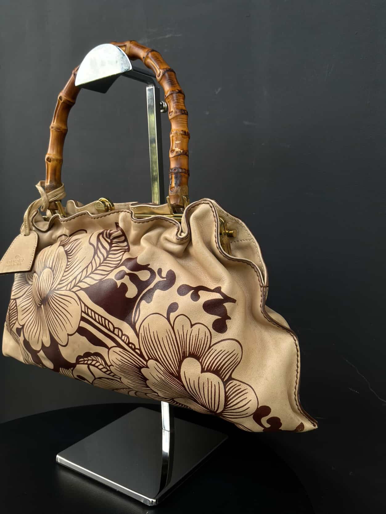 Gucci Tom Ford Era Leather Tattoo Floral Bamboo Handbag