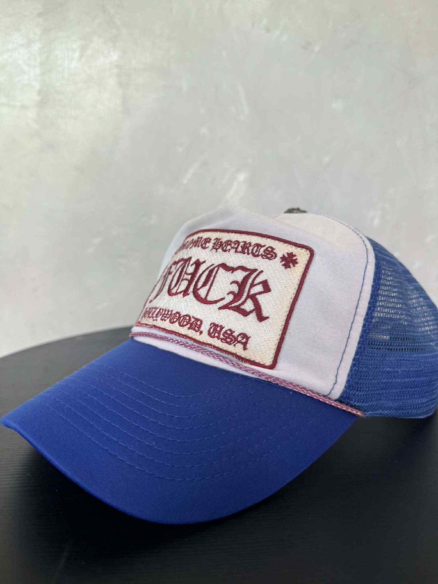 Chrome Hearts 90’s Red On Blue Fuck Tracker Hat