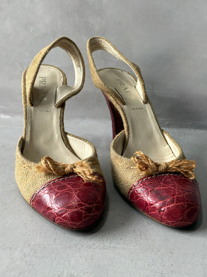 Prada Colorblock Pattern Bow Accent Slingback Pumps