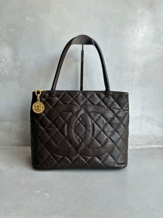 2002 Chanel Chocolate Brown Caviar Medallion Bag