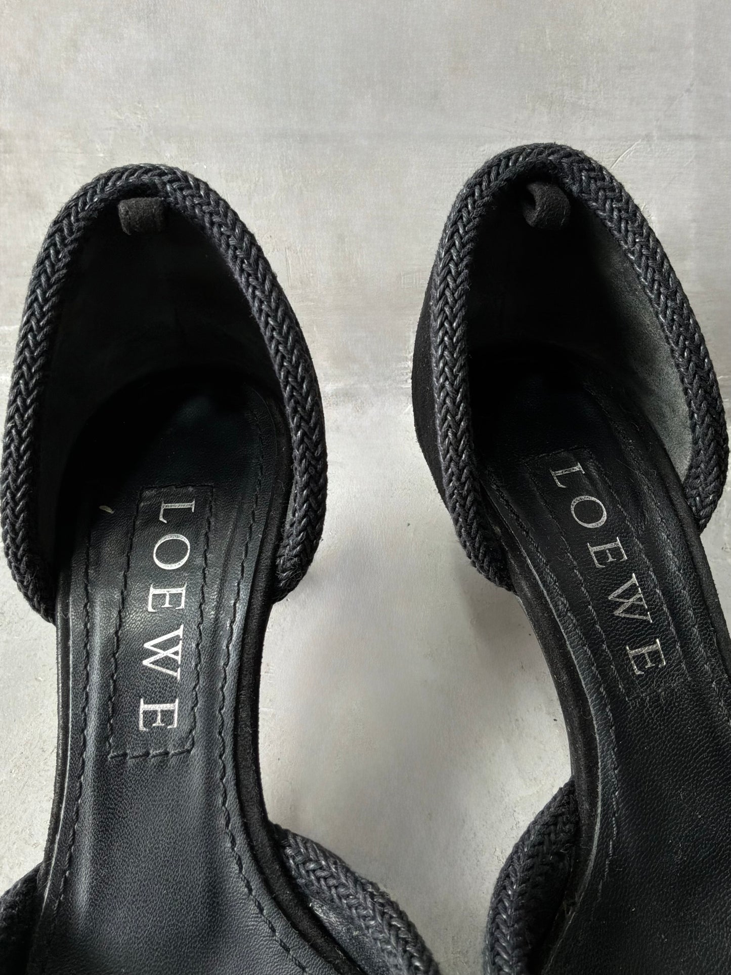 Vintage Loewe Suede Braided Peep Toe Heels