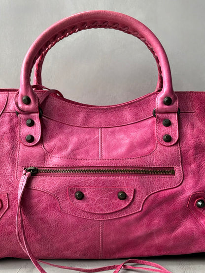Balenciaga City Part Time Hot Pink on Brass Lambskin Bag