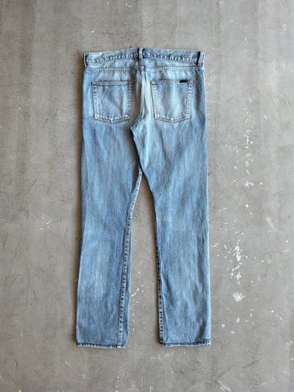 Saint Laurent Paris Distressed Light Wash Denim Pants