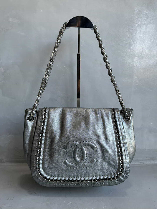 Chanel Metallic Silver Accordion Flap Shoulder Bag