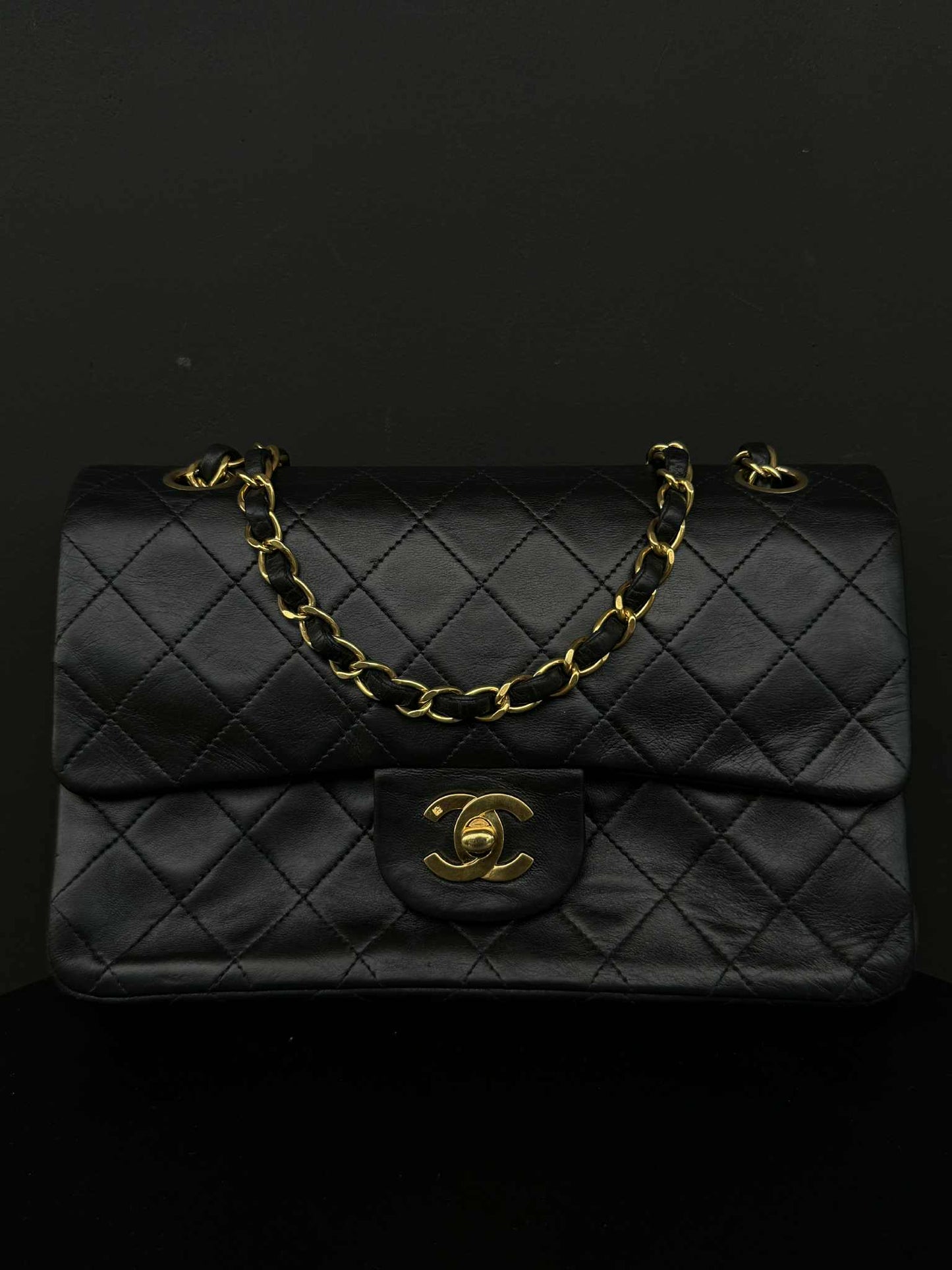 Chanel Vintage Gold on Black Meduim Double Flap Crossbody Bag