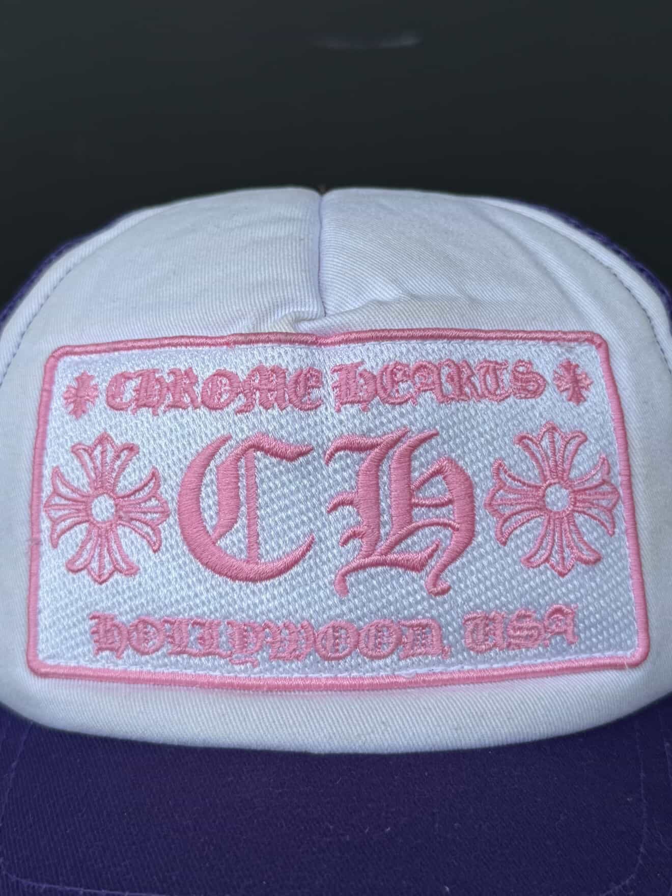Chrome Hearts Hollywood Pink on Purple Trucker Hat