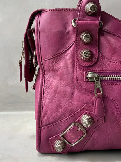 Balenciaga Classic City  Pink on Silver Giant 21 Lambskin Bag