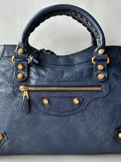 Balenciaga Classic City Navy on Gold Giant 12 Lambskin Bag