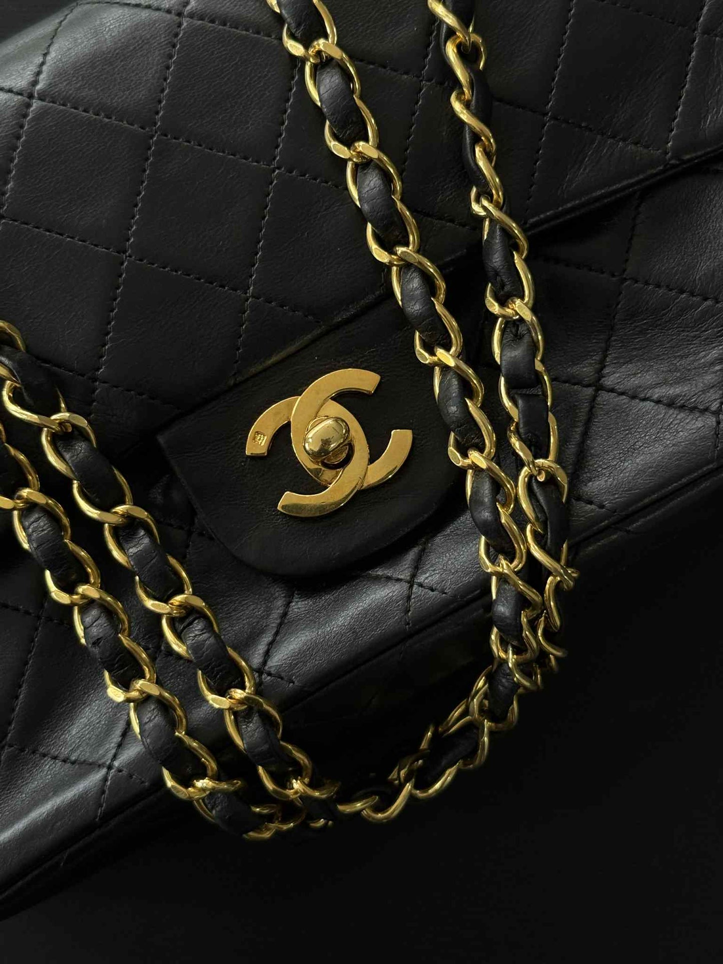 Chanel Vintage Gold on Black Meduim Double Flap Crossbody Bag