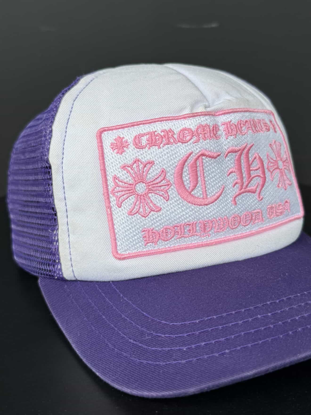 Chrome Hearts Hollywood Pink on Purple Trucker Hat