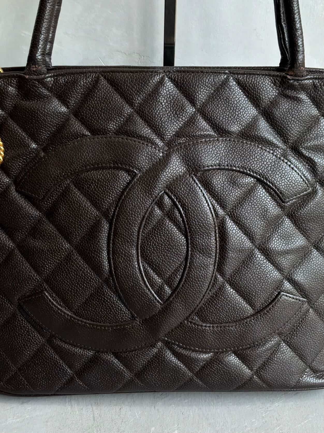 2002 Chanel Chocolate Brown Caviar Medallion Bag