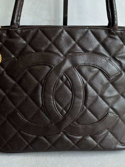 2002 Chanel Chocolate Brown Caviar Medallion Bag