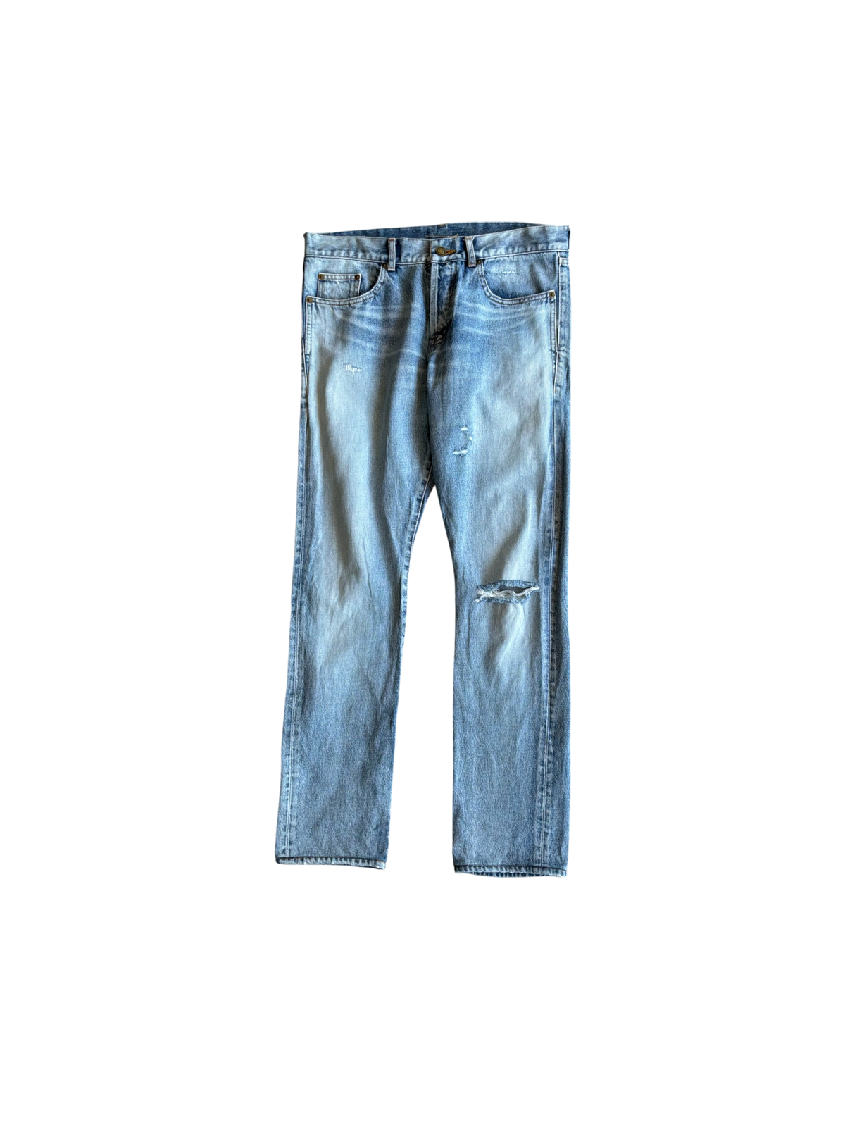 Saint Laurent Paris Distressed Light Wash Denim Pants
