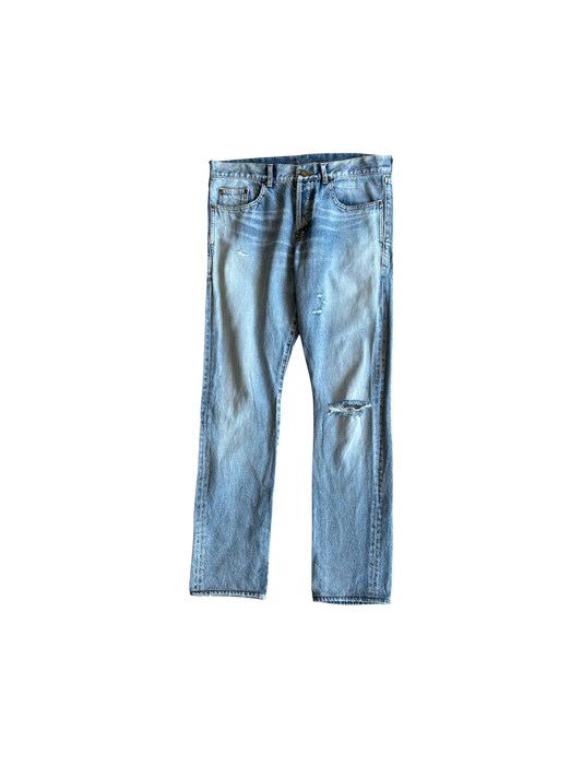 Saint Laurent Paris Distressed Light Wash Denim Pants