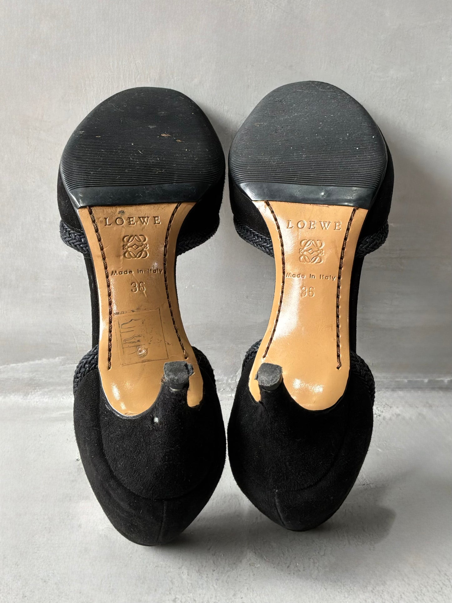 Vintage Loewe Suede Braided Peep Toe Heels