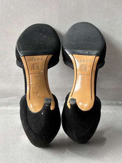 Vintage Loewe Suede Braided Peep Toe Heels