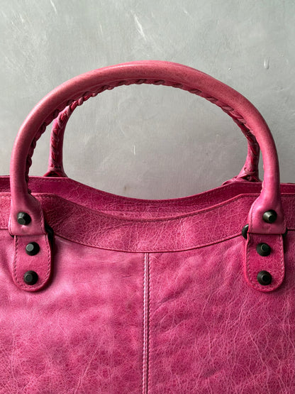 Balenciaga City Part Time Hot Pink on Brass Lambskin Bag