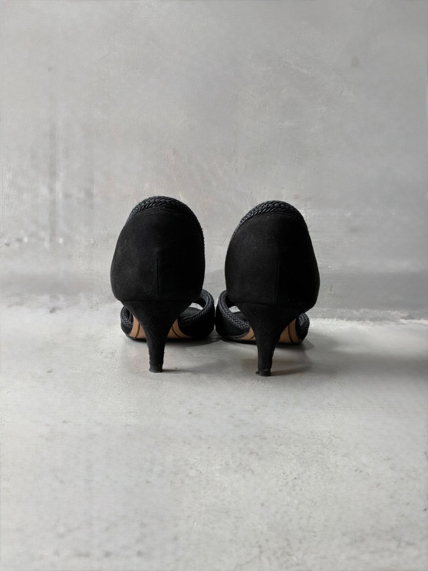 Vintage Loewe Suede Braided Peep Toe Heels