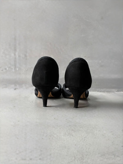Vintage Loewe Suede Braided Peep Toe Heels