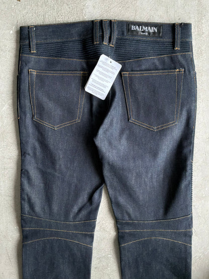 Balmain Homme Curved Cut Blue Denim Biker Jeans